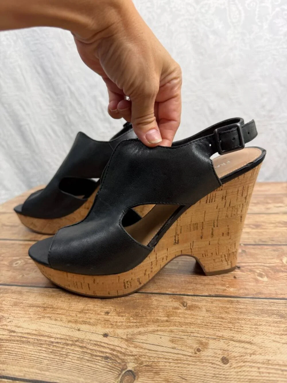 Franco Sarto Women’s Black Leather Peep Toe Cork Wedge Sandals Ankle Strap 10